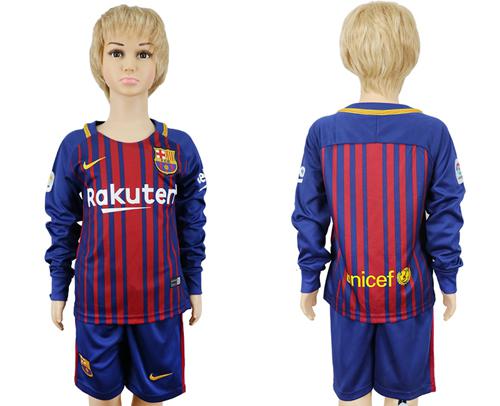Barcelona Blank Home Long Sleeves Kid Soccer Club Jersey - Click Image to Close